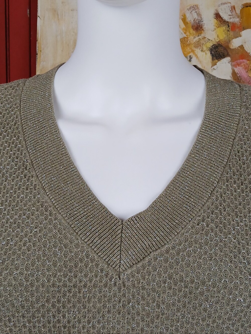 Croft & Barrow Metallic Gold Waffle Knit V-Neck Sweater Shimmer Pullover Large